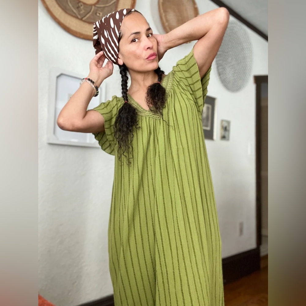 Soft Surroundings Green Stripe Maxi Beach Dress with Crocheted Top and Pockets